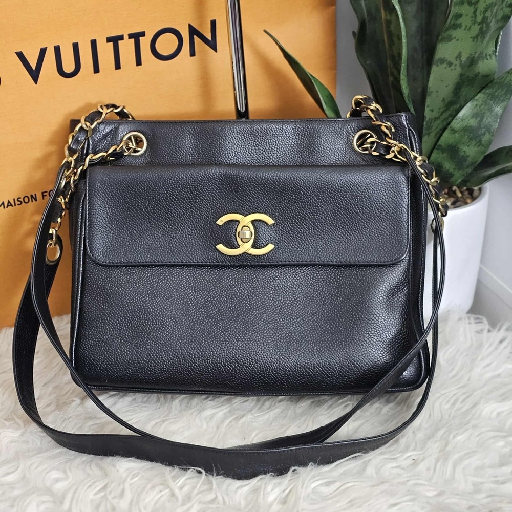 Chanel Black Caviar Leather Shoulder Tote Bag with Gold Chain